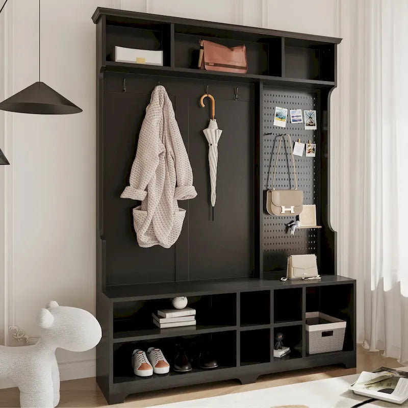 Porte-manteau de style moderne avec banc à chaussures, rangement à chaussures, étagères de rangement et panneau perforé, pour l'entrée et le couloir, le salon