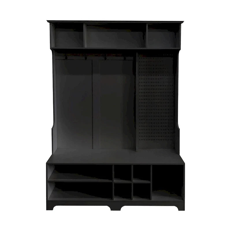 Porte-manteau de style moderne avec banc à chaussures, rangement à chaussures, étagères de rangement et panneau perforé, pour l'entrée et le couloir, le salon