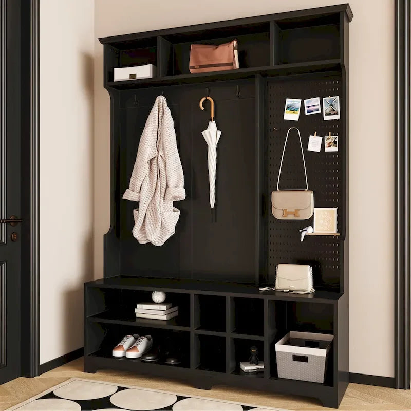 Porte-manteau de style moderne avec banc à chaussures, rangement à chaussures, étagères de rangement et panneau perforé, pour l'entrée et le couloir, le salon