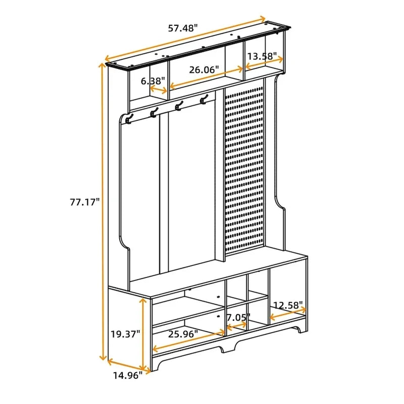 Porte-manteau de style moderne avec banc à chaussures, rangement à chaussures, étagères de rangement et panneau perforé, pour l'entrée et le couloir, le salon