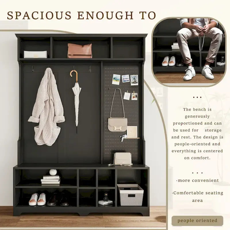 Porte-manteau de style moderne avec banc à chaussures, rangement à chaussures, étagères de rangement et panneau perforé, pour l'entrée et le couloir, le salon