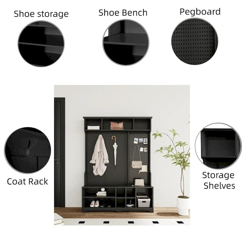 Porte-manteau de style moderne avec banc à chaussures, rangement à chaussures, étagères de rangement et panneau perforé, pour l'entrée et le couloir, le salon