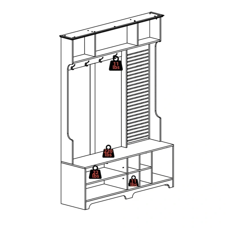 Porte-manteau de style moderne avec banc à chaussures, rangement à chaussures, étagères de rangement et panneau perforé, pour l'entrée et le couloir, le salon