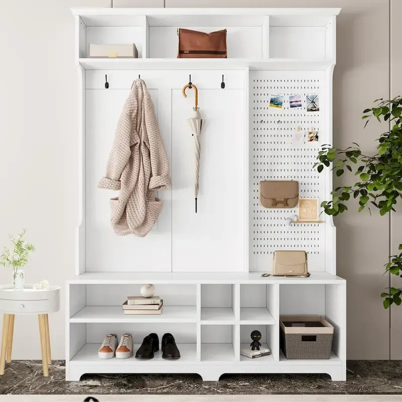 Porte-manteau de style moderne avec banc à chaussures, rangement à chaussures, étagères de rangement et panneau perforé, pour l'entrée et le couloir, le salon