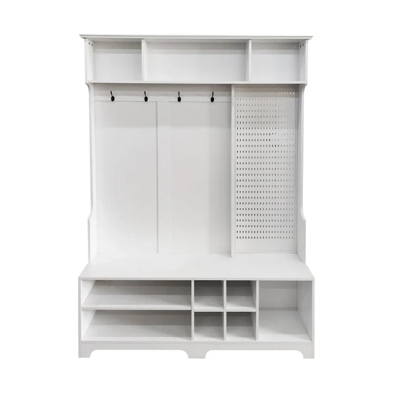 Porte-manteau de style moderne avec banc à chaussures, rangement à chaussures, étagères de rangement et panneau perforé, pour l'entrée et le couloir, le salon