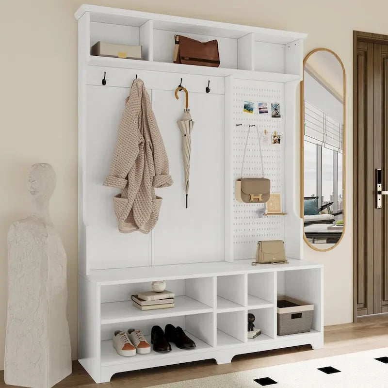 Porte-manteau de style moderne avec banc à chaussures, rangement à chaussures, étagères de rangement et panneau perforé, pour l'entrée et le couloir, le salon