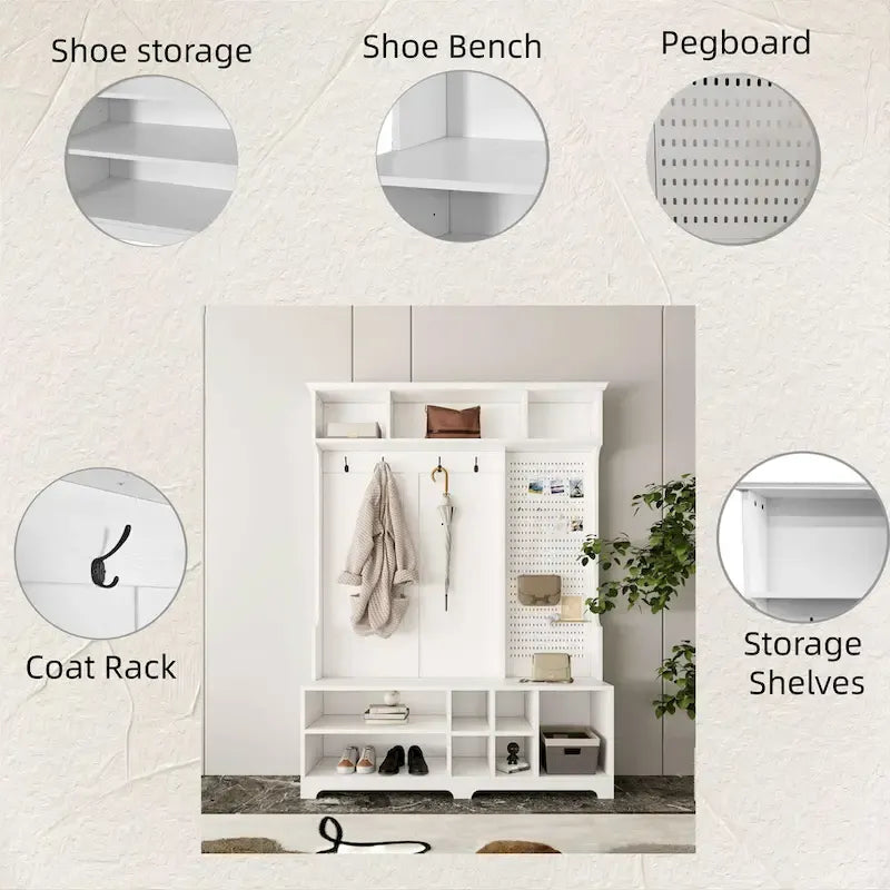 Porte-manteau de style moderne avec banc à chaussures, rangement à chaussures, étagères de rangement et panneau perforé, pour l'entrée et le couloir, le salon