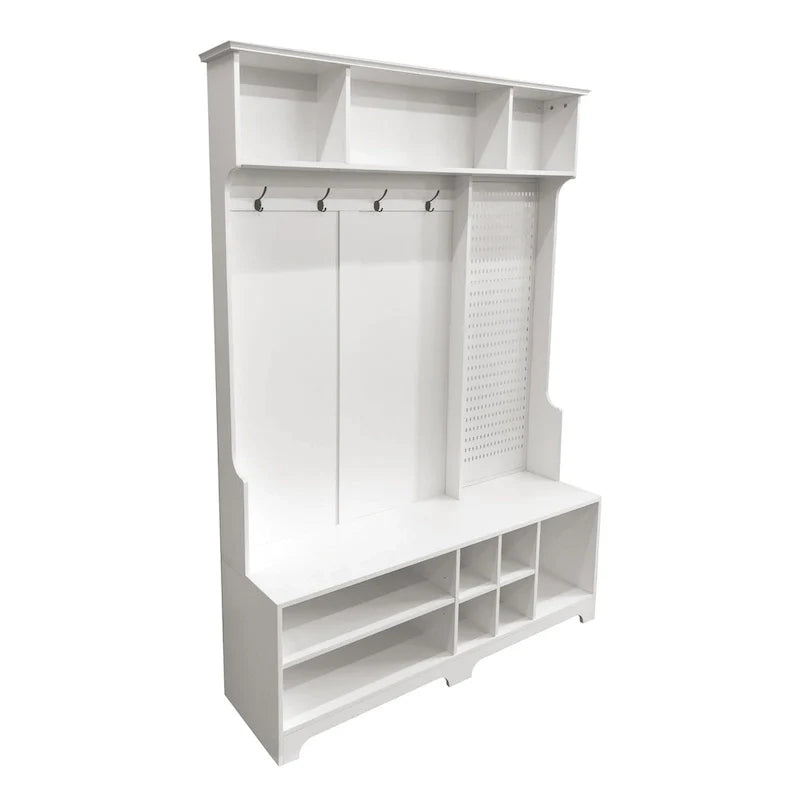Porte-manteau de style moderne avec banc à chaussures, rangement à chaussures, étagères de rangement et panneau perforé, pour l'entrée et le couloir, le salon