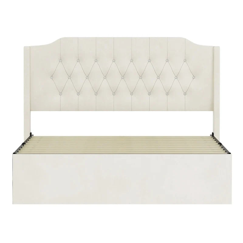 Cadre de lit capitonné Queen Size avec boutons en cristal, tête de lit à oreilles et rangement sous le lit, Beige