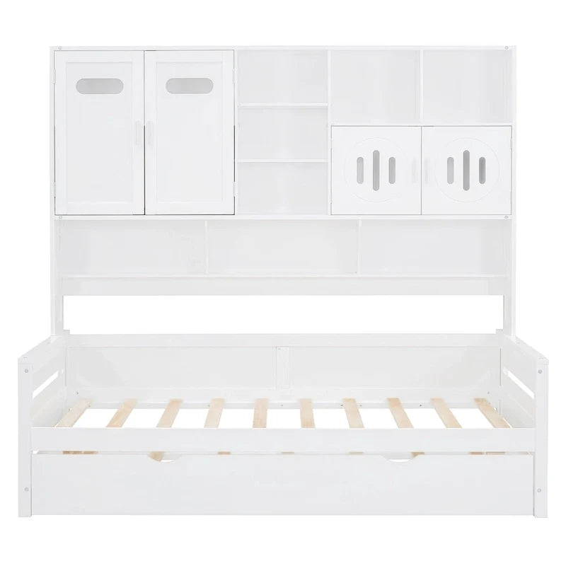 Lit de repos simple en bois avec lit gigogne, armoire de rangement et étagères, blanc