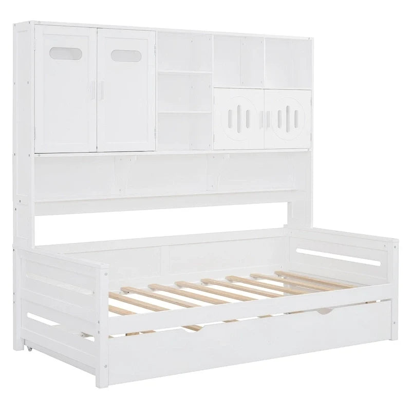 Lit de repos simple en bois avec lit gigogne, armoire de rangement et étagères, blanc