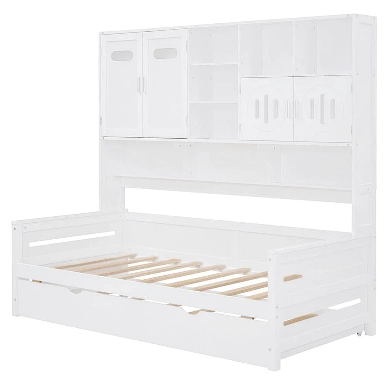 Lit de repos simple en bois avec lit gigogne, armoire de rangement et étagères, blanc