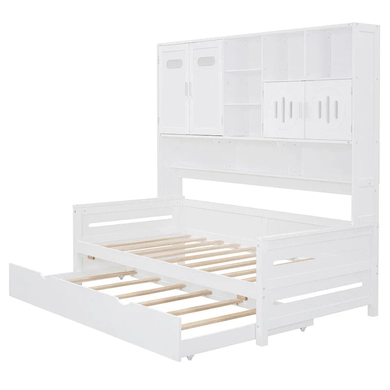Lit de repos simple en bois avec lit gigogne, armoire de rangement et étagères, blanc