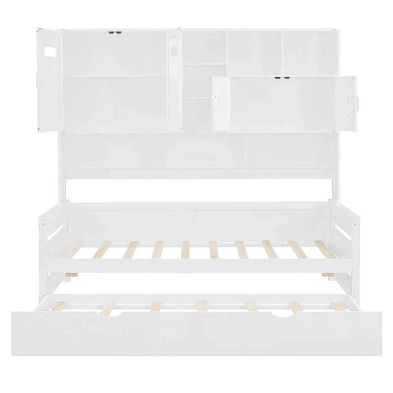 Lit de repos simple en bois avec lit gigogne, armoire de rangement et étagères, blanc