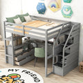 Letto a soppalco full size con scrivania, mensole, cassetti integrati, scala contenitore