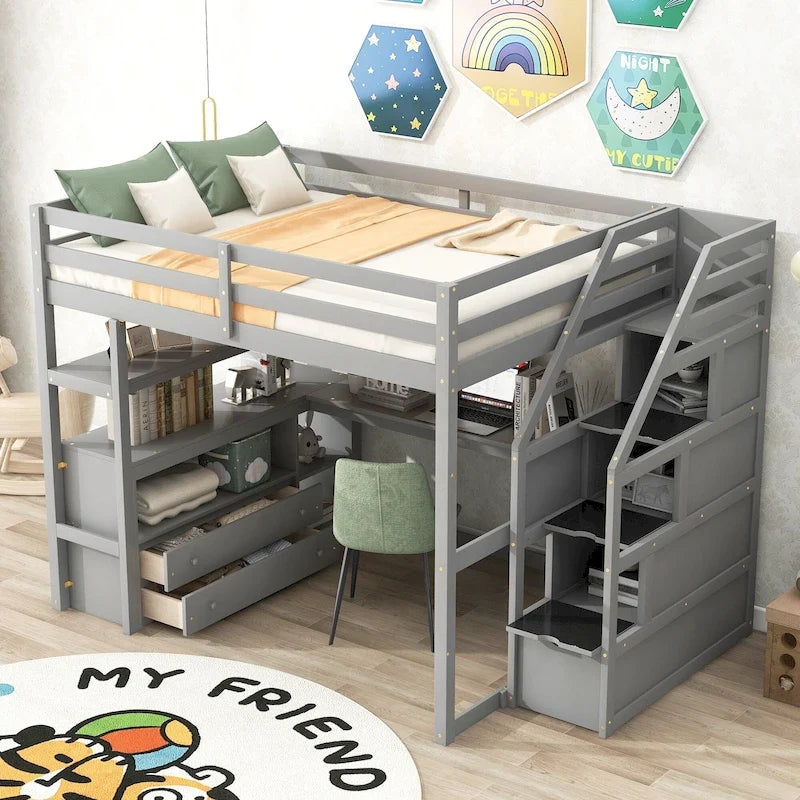 Letto a soppalco full size con scrivania, mensole, cassetti integrati, scala contenitore