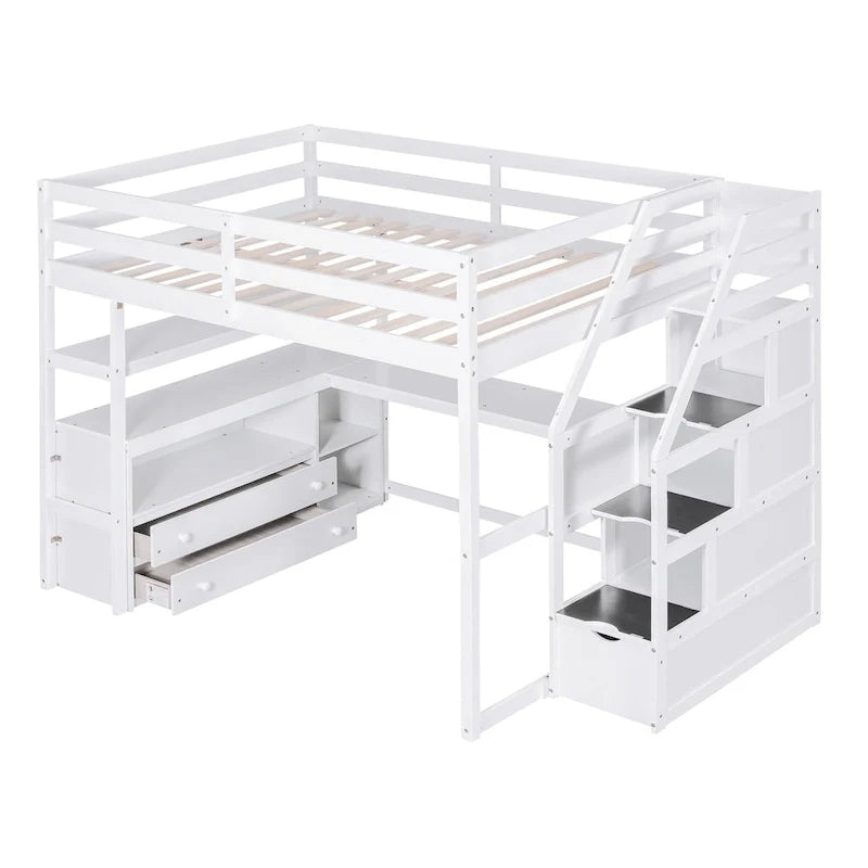 Letto a soppalco full size con scrivania, mensole, cassetti integrati, scala contenitore