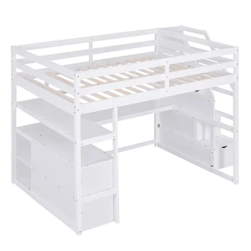 Letto a soppalco full size con scrivania, mensole, cassetti integrati, scala contenitore