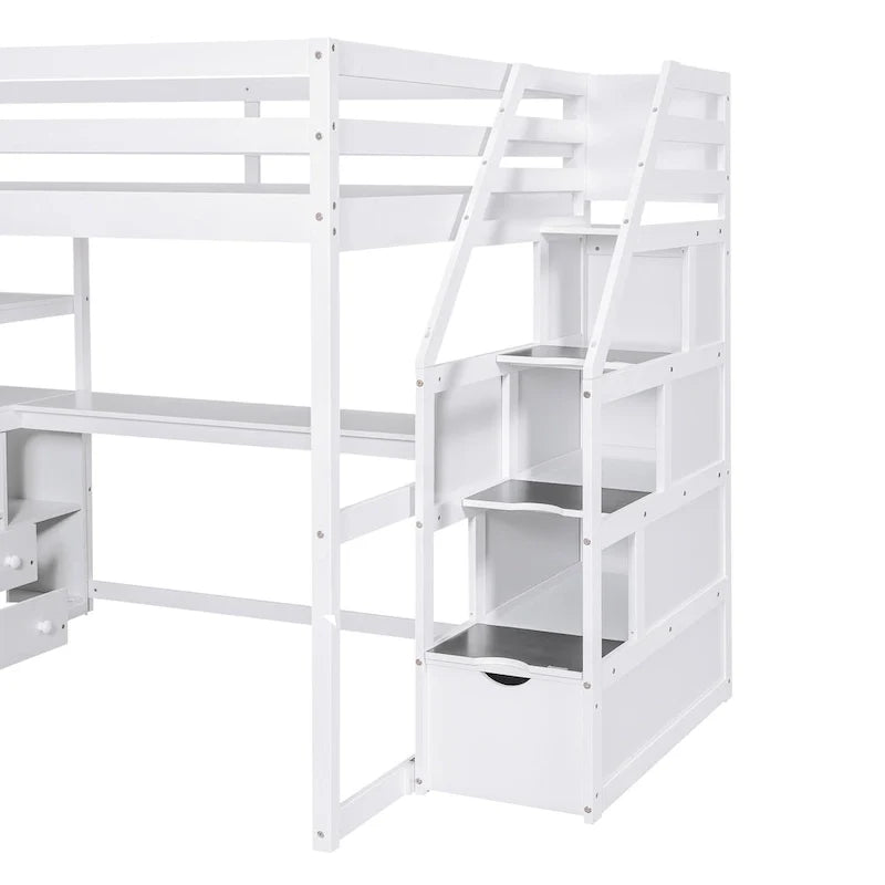 Letto a soppalco full size con scrivania, mensole, cassetti integrati, scala contenitore