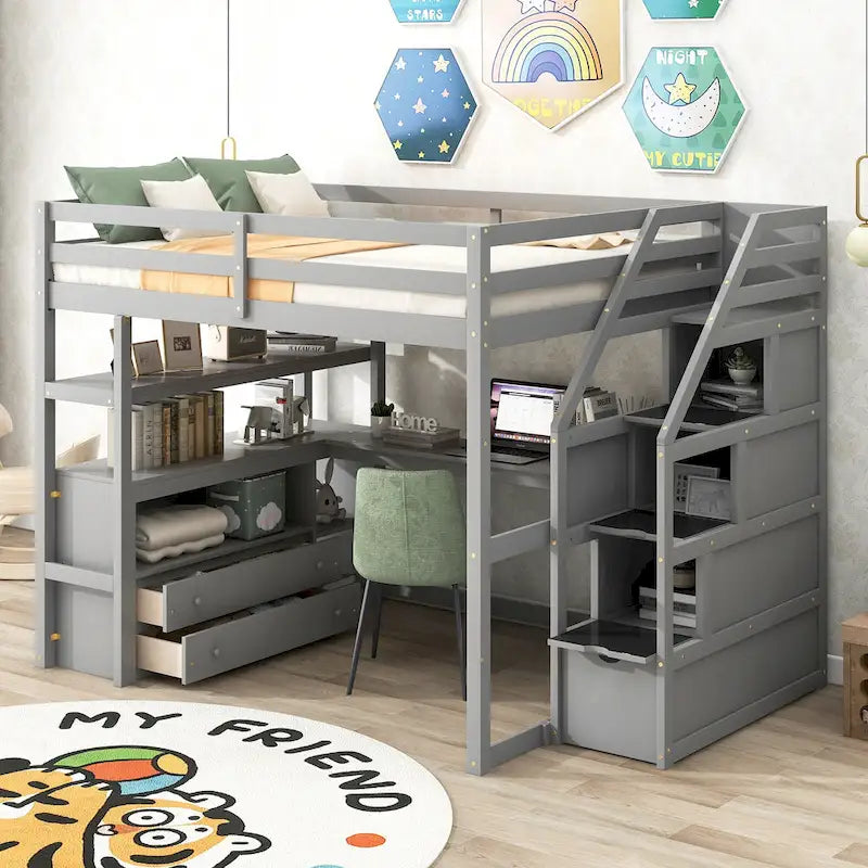 Letto a soppalco full size con scrivania, mensole, cassetti integrati, scala contenitore