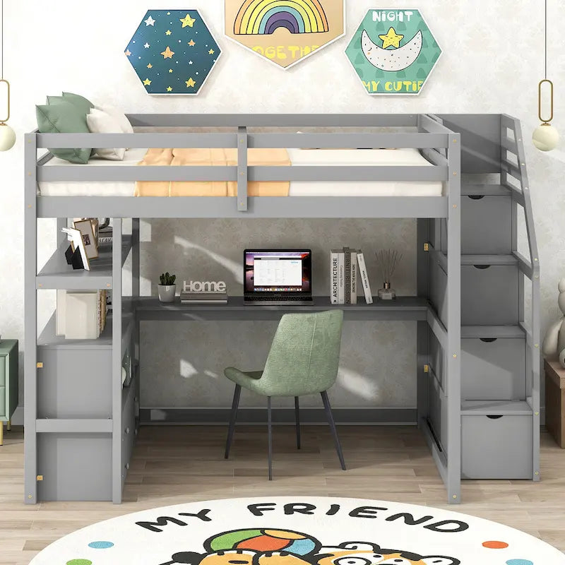 Letto a soppalco full size con scrivania, mensole, cassetti integrati, scala contenitore