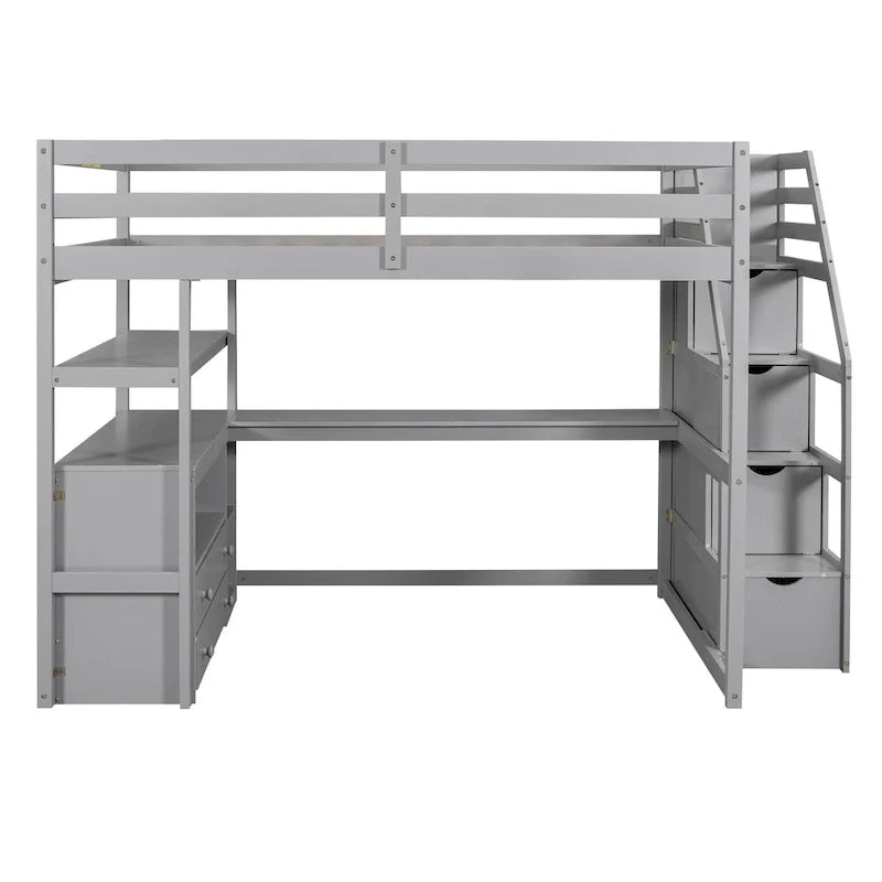 Letto a soppalco full size con scrivania, mensole, cassetti integrati, scala contenitore