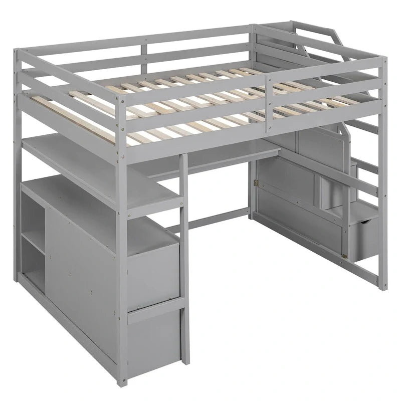 Letto a soppalco full size con scrivania, mensole, cassetti integrati, scala contenitore