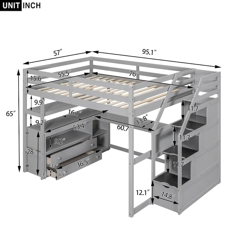 Letto a soppalco full size con scrivania, mensole, cassetti integrati, scala contenitore