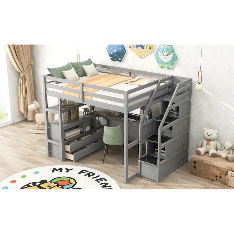 Letto a soppalco full size con scrivania, mensole, cassetti integrati, scala contenitore