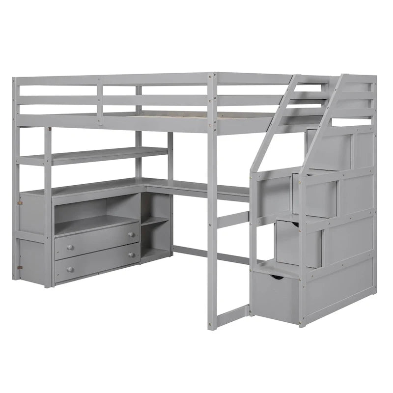 Letto a soppalco full size con scrivania, mensole, cassetti integrati, scala contenitore