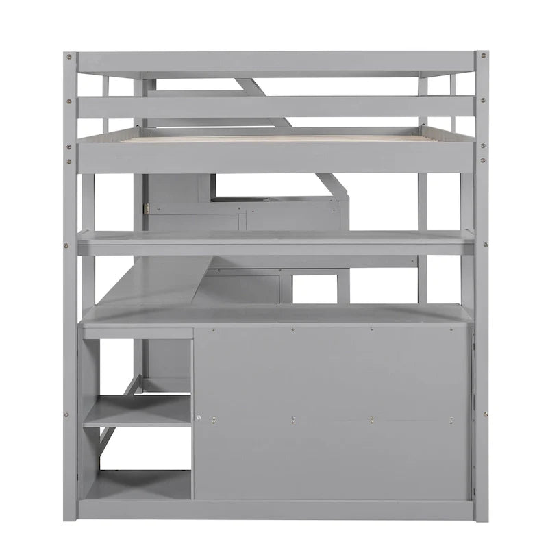 Letto a soppalco full size con scrivania, mensole, cassetti integrati, scala contenitore