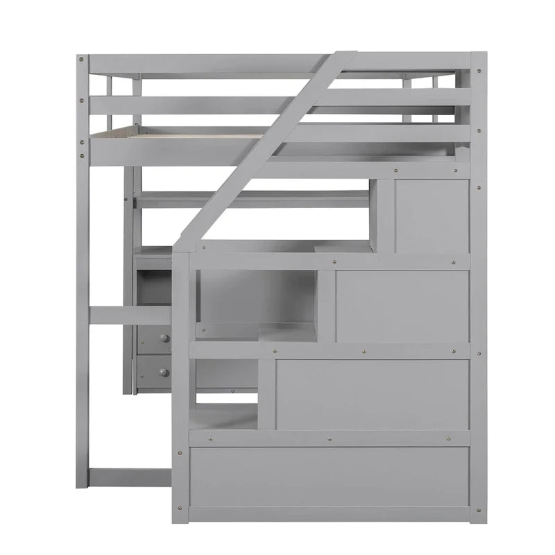 Letto a soppalco full size con scrivania, mensole, cassetti integrati, scala contenitore