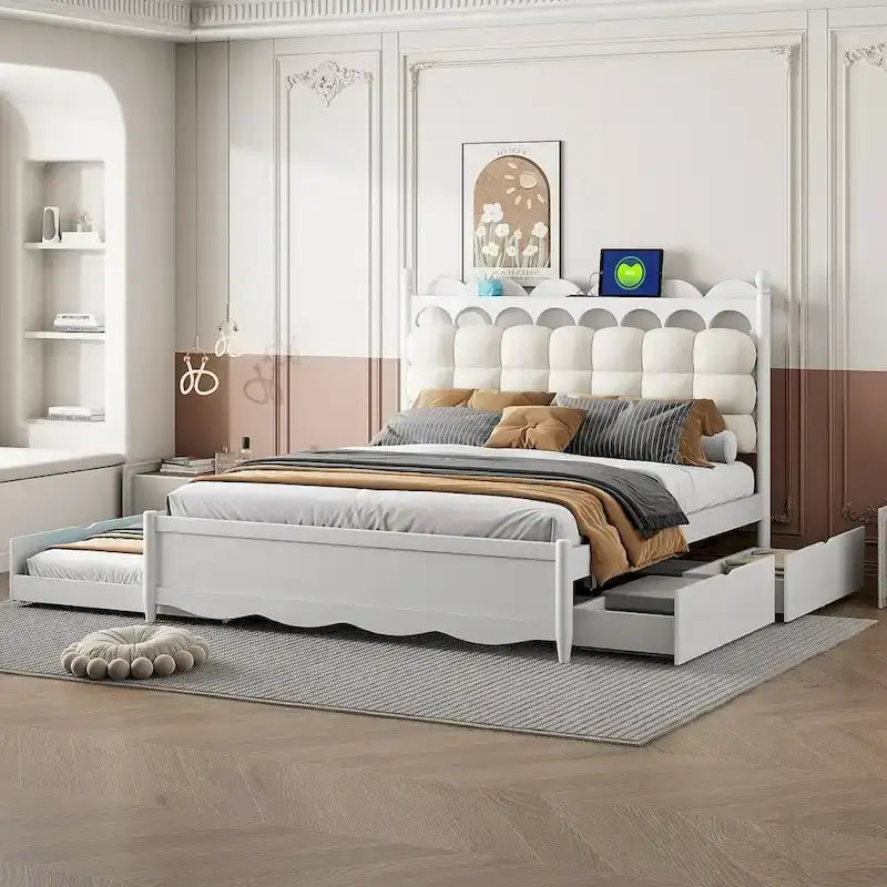 Letto a piattaforma in legno con 2 grandi cassetti e letto estraibile (trundle) Twin-XL