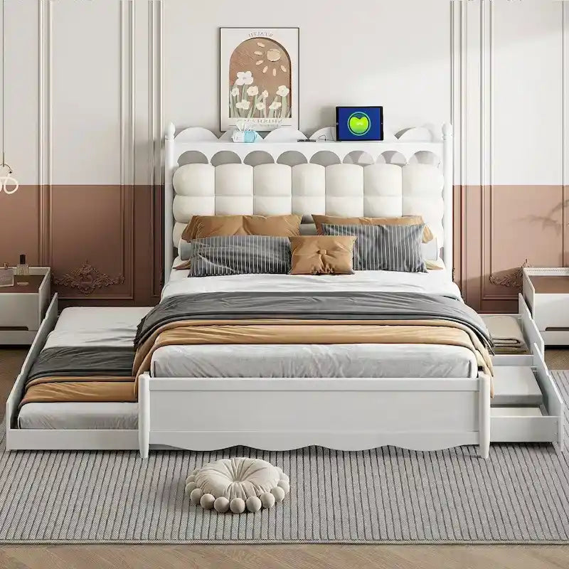Letto a piattaforma in legno con 2 grandi cassetti e letto estraibile (trundle) Twin-XL