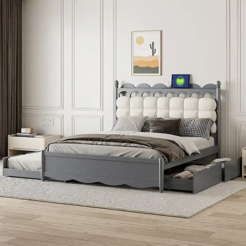 Letto a piattaforma in legno con 2 grandi cassetti e letto estraibile (trundle) Twin-XL