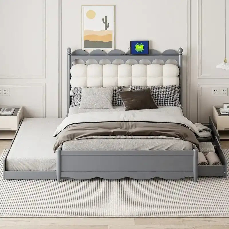 Letto a piattaforma in legno con 2 grandi cassetti e letto estraibile (trundle) Twin-XL