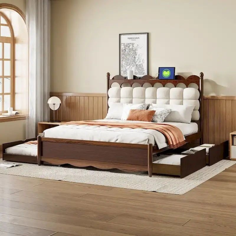 Letto a piattaforma in legno con 2 grandi cassetti e letto estraibile (trundle) Twin-XL