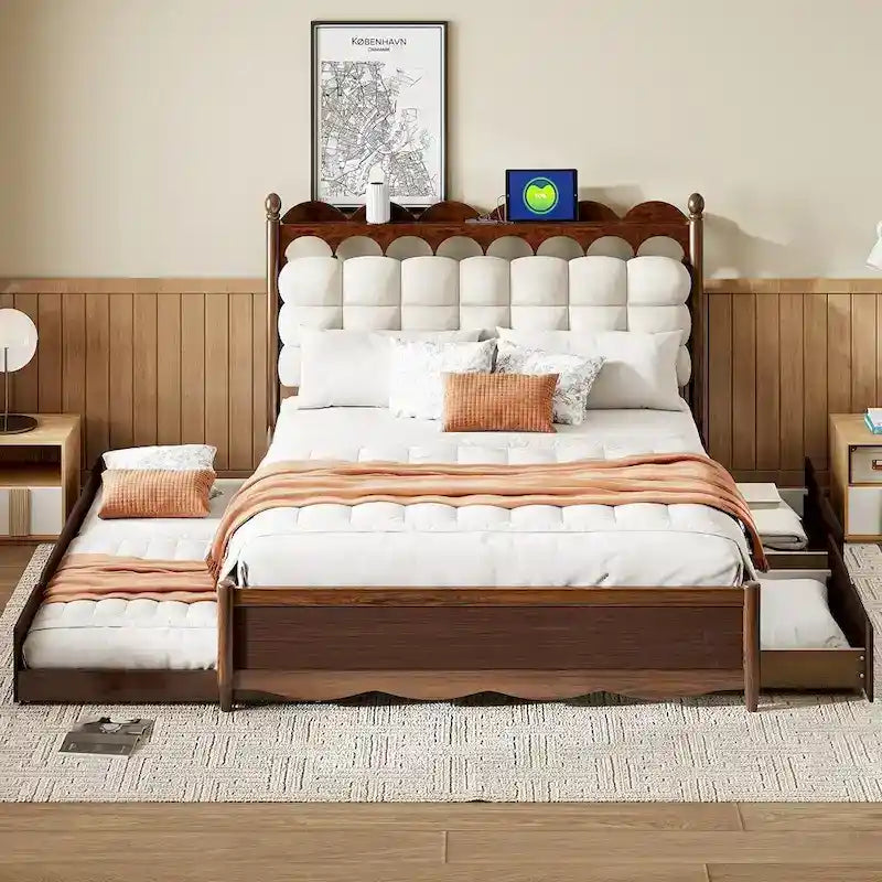 Letto a piattaforma in legno con 2 grandi cassetti e letto estraibile (trundle) Twin-XL