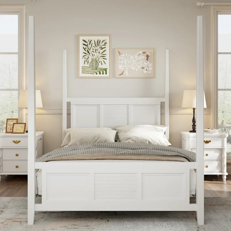 Lit à baldaquin king size Roomfitters, cadre en bois massif, conception à grille horizontale, blanc