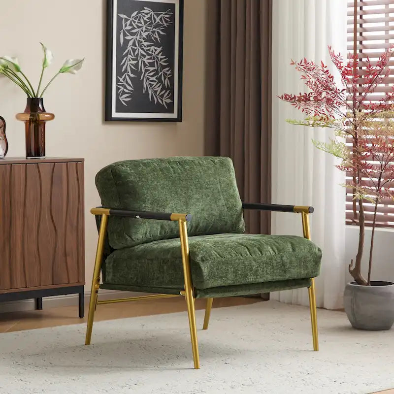 Modern Accent Chair with Plush Cushions, Minimalist Metal Frame, and Wooden Armrest Design