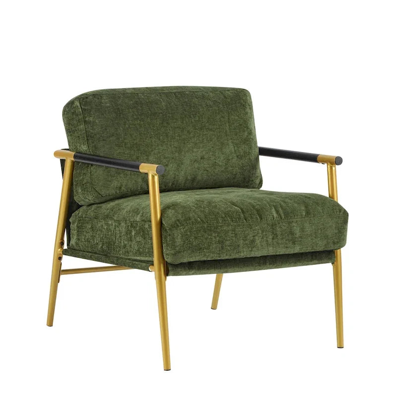 Modern Accent Chair with Plush Cushions, Minimalist Metal Frame, and Wooden Armrest Design