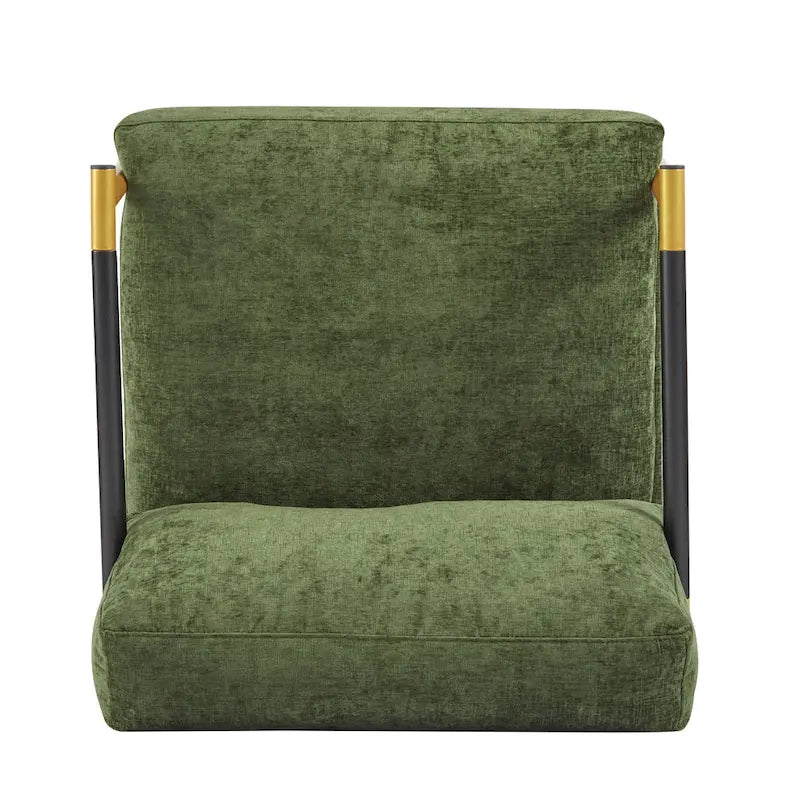 Modern Accent Chair with Plush Cushions, Minimalist Metal Frame, and Wooden Armrest Design