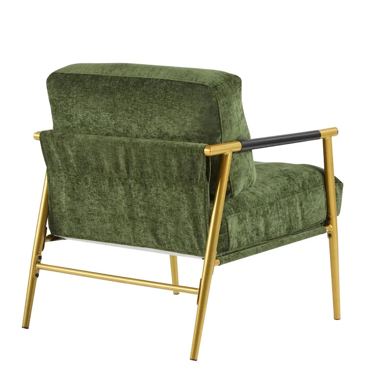 Modern Accent Chair with Plush Cushions, Minimalist Metal Frame, and Wooden Armrest Design