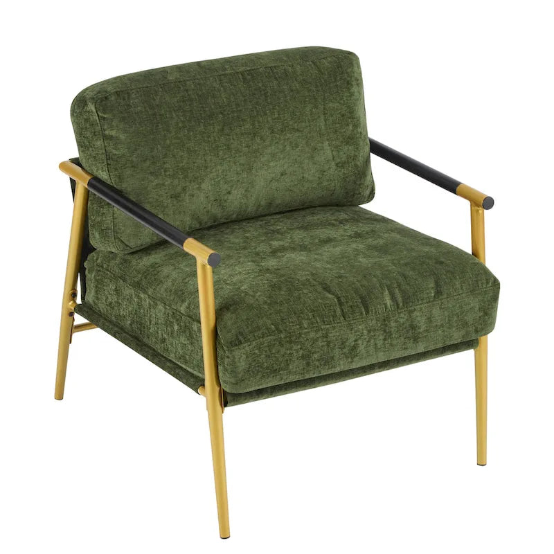 Modern Accent Chair with Plush Cushions, Minimalist Metal Frame, and Wooden Armrest Design