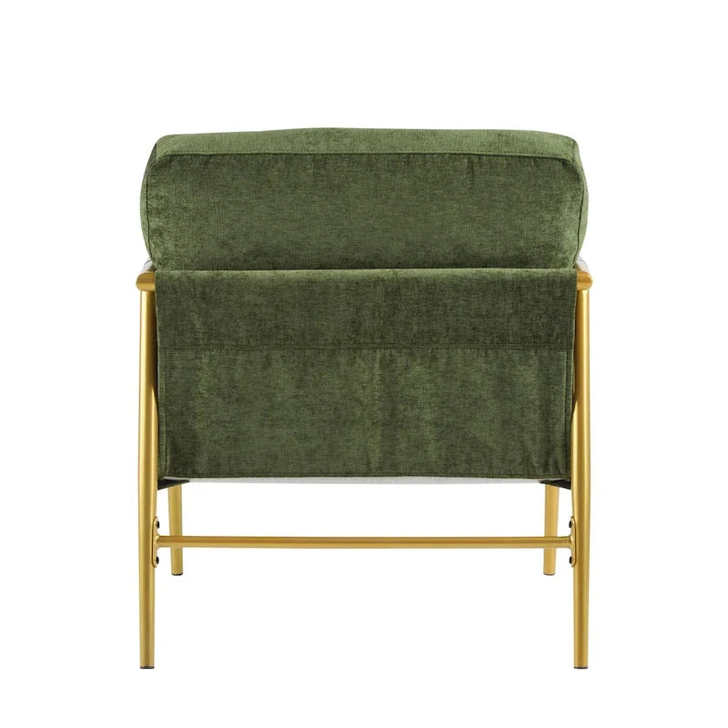 Modern Accent Chair with Plush Cushions, Minimalist Metal Frame, and Wooden Armrest Design