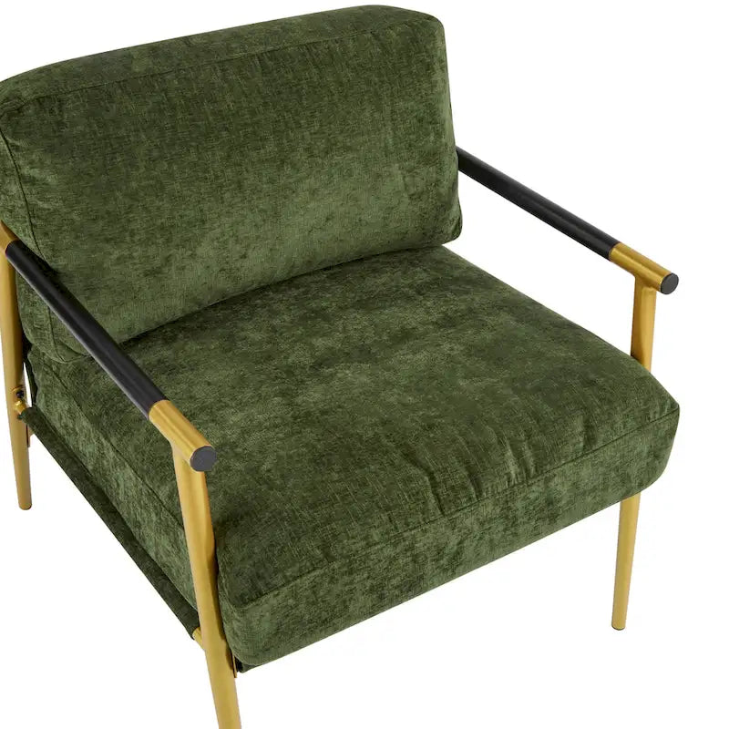 Modern Accent Chair with Plush Cushions, Minimalist Metal Frame, and Wooden Armrest Design