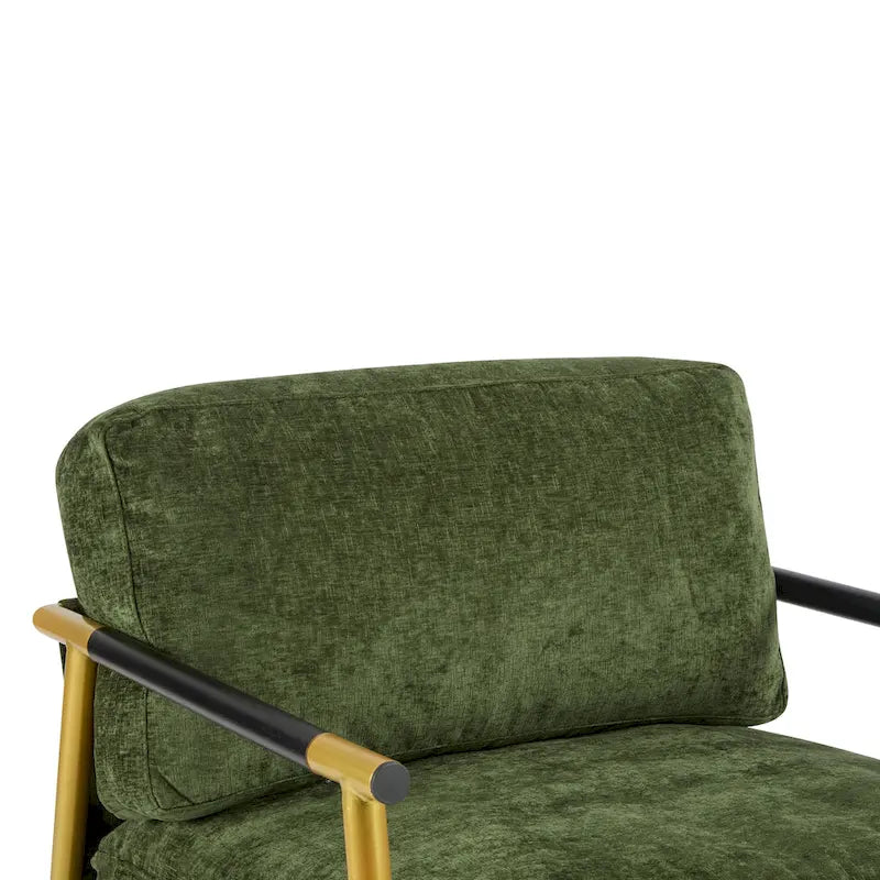 Modern Accent Chair with Plush Cushions, Minimalist Metal Frame, and Wooden Armrest Design