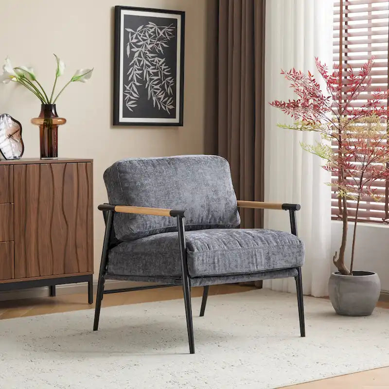 Modern Accent Chair with Plush Cushions, Minimalist Metal Frame, and Wooden Armrest Design