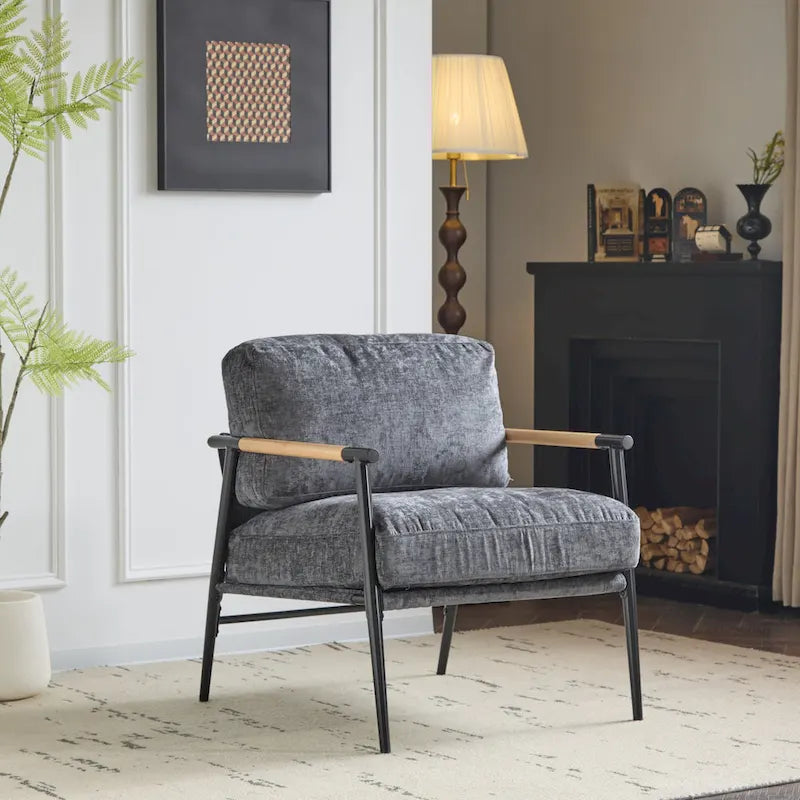 Modern Accent Chair with Plush Cushions, Minimalist Metal Frame, and Wooden Armrest Design