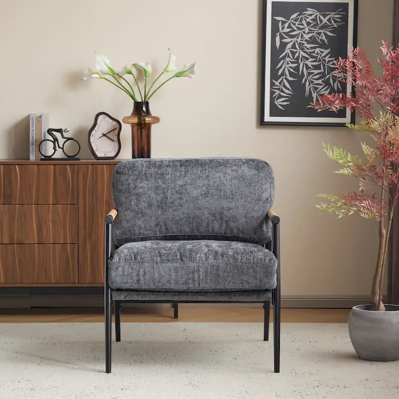 Modern Accent Chair with Plush Cushions, Minimalist Metal Frame, and Wooden Armrest Design